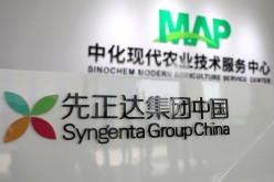 Syngenta Group China sign hangs at its Modern Agriculture Platform' (MAP) service centre, during a media tour in Wei county of Handan,