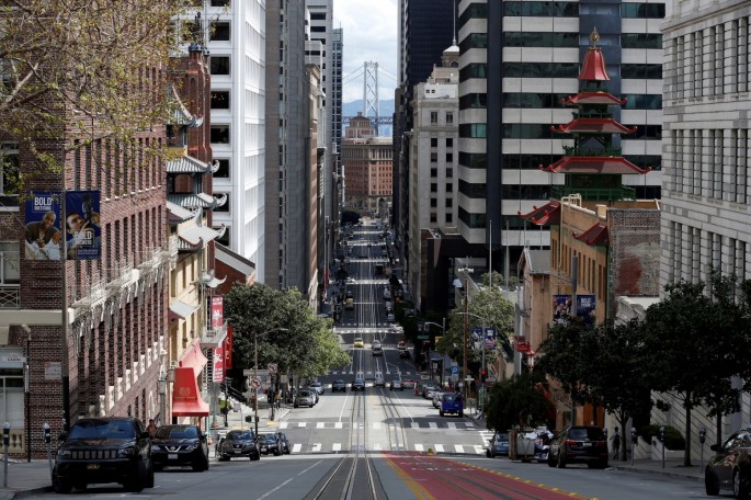 Downtown San Francisco is seen from California Street during Day One of the citywide shelter in place order amid the outbreak of coronavirus disease (COVID-19),