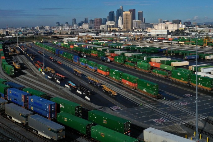 Shipping containers sit on train tracks downtown as the spread of the coronavirus disease (COVID-19) continues, in Los Angeles, California, U.S.