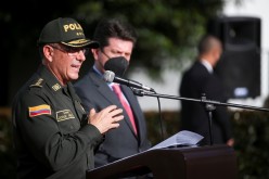 Colombia's National Police Director General Jorge Luis Vargas speaks during a news conference about the participation of several Colombians