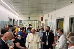 Pope Francis visits the children's cancer ward at the Gemelli hospital, in Rome, Italy