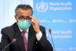 World Health Organization (WHO) Director General Tedros Adhanom Ghebreyesus speaks during a bilateral meeting with Swiss Interior and Health Minister Alain Berset