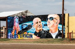 Mural displaying Jeff Bezo and his brother Mark Bezo, is seen in Van Horn, Texas, two days before the scheduled launch of Blue Origin's inaugural flight