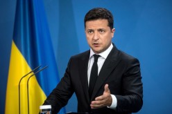 Ukrainian President Volodymyr Zelenskiy gives statements ahead of talks at the Chancellery in Berlin, Germany