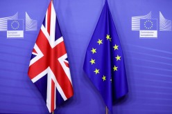 Flags of the Union Jack and European Union are seen ahead of the meeting of European Commission President Ursula von der Leyen and British Prime Minister Boris Johnson