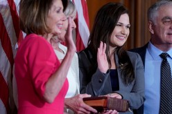 Rep. Abby Finkenauer (D-IA) poses with Speaker of the House Nancy Pelosi (D-CA) for a ceremonial swearing-in picture on Capitol Hill in Washington, U.S