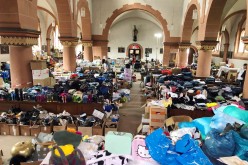 Donations for flood victims lie in the church of St. Nicholas and Rochus in Mayschoss, Germany, 