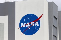 The NASA logo is seen at Kennedy Space Center ahead of the NASA/SpaceX launch of a commercial crew mission to the International Space Station in Cape Canaveral, Florida, U.S.