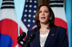 U.S. Vice President Kamala Harris delivers remarks before participating in a bilateral meeting with South Korean President Moon Jae-in at the Eisenhower Executive Office Building near the White House in Washington