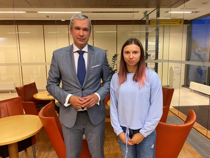 Belarusian opposition politician Pavel Latushka poses with Belarusian sprinter Krystsina Tsimanouskaya, who left the Olympic Games in Tokyo and seeks for asylum in Poland