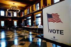 A privacy booth is seen as poll workers wait for voters at a voting site in Tripp Commons inside the Memorial Union building on the University of Wisconsin-Madison campus on Election Day in Madison,