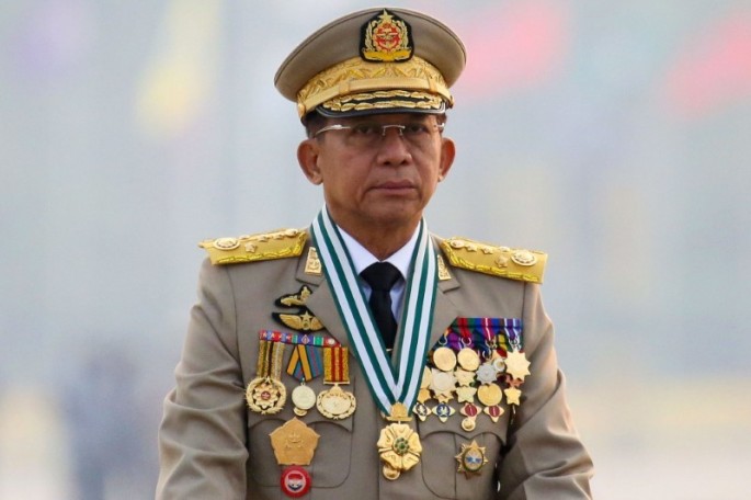 Myanmar's junta chief Senior General Min Aung Hlaing, who ousted the elected government in a coup on February 1, presides an army parade on Armed Forces Day in Naypyitaw,