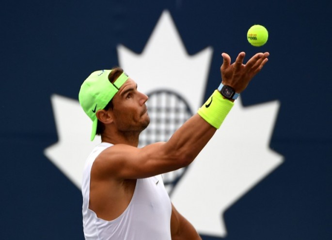 Aug 10, 2021; Toronto, Ontario, Canada; Rafael Nadal of Spain prepares to serve as he practices on a day off before playing in the National Bank Open at Aviva Centre.
