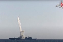 A Tsirkon (Zircon) hypersonic cruise missile is fired from the guided missile frigate Admiral Gorshkov in the White Sea in this still image