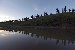 Migrants make their way on foot on the outskirts of Brezice, Slovenia
