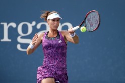Aug 26, 2019; Flushing, NY, USA; Varvara Lepchenko of the United States returns a shot against Shuai Peng of China in a first round match on day one of the 2019 U.S