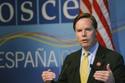Nicholas Burns, U.S. Undersecretary for Political Affairs, gestures during a news conference at the end of the Organization