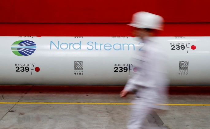 The logo of the Nord Stream 2 gas pipeline project is seen on a pipe at the Chelyabinsk pipe rolling plant in Chelyabinsk, Russia,