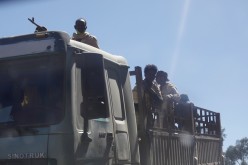 Troops in Eritrean uniforms are seen on top of a truck near the town of Adigrat, Ethiopia,