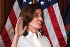 New York Governor Kathy Hochul takes part in a ceremonial swearing-in ceremony to become New York State's 57th and first woman governor, in the Red Room at the New York State Capitol,