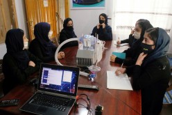 Members of an Afghan all-female robotics team work on an open-source and low-cost ventilator, during the coronavirus disease (COVID-19) outbreak in Herat Province, 
