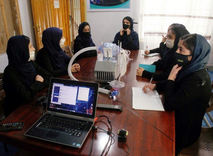 Members of an Afghan all-female robotics team work on an open-source and low-cost ventilator, during the coronavirus disease (COVID-19) outbreak in Herat Province, 