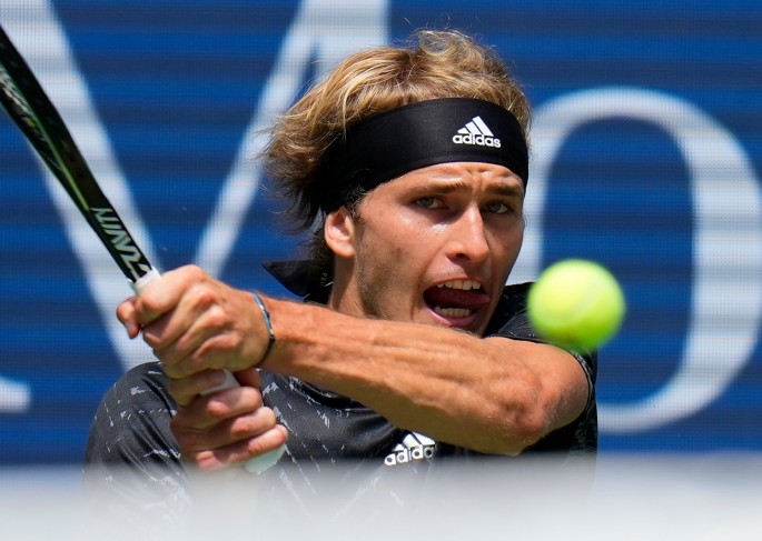 Aug 31, 2021; Flushing, NY, USA; Alexander Zverev of Germany hits to Sam Querrey of the USA on day two of the 2021 U.S. Open tennis tournament at USTA Billie Jean King