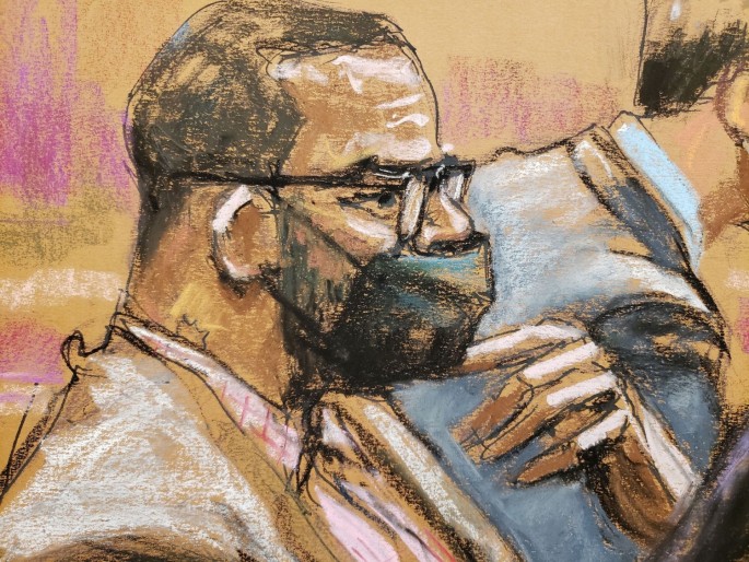 R. Kelly sits in court during his sex abuse trial at Brooklyn's Federal District Court in a courtroom sketch in New York, U.S.