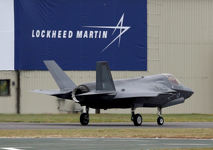 A RAF Lockheed Martin F-35B fighter jet taxis along a runway after landing at the Royal International Air Tattoo at Fairford, Britain