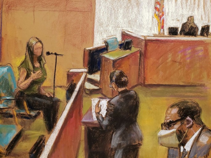 R. Kelly listens as witness "Kate" testifies during Kelly's sex abuse trial at Brooklyn's Federal District Court in a courtroom sketch in New York, U.S.