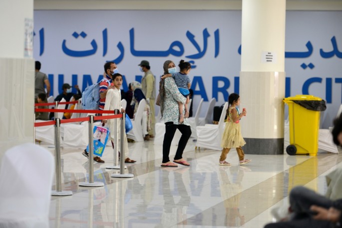 Evacuees from Afghanistan arrive at Emirates Humanitarian City in Abu Dhabi, UAE,