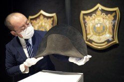 A bicorne winter campaign hat which belonged to late French Emperor Napoleon Bonaparte is displayed ahead of an auction at Bonhams in Hong Kong, China