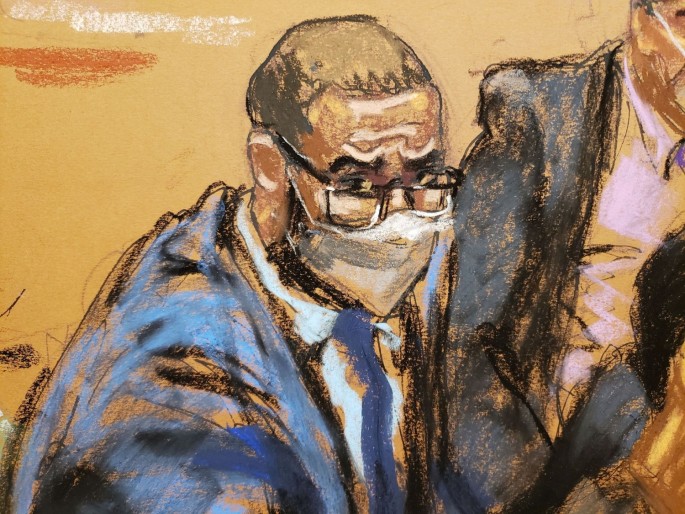 R. Kelly sits with two of his defense attorneys during his sex abuse trial at Brooklyn's Federal District Court in a courtroom sketch in New York, U.S