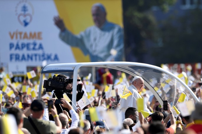 Pope Francis arrives to lead the Liturgy of Saint John Chrysostom in Presov, Slovakia