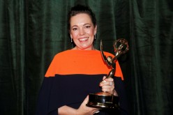 Olivia Colman poses with her Emmy award for Outstanding Lead Actress in a Drama Series, backstage at the Netflix UK Primetime Emmy for 