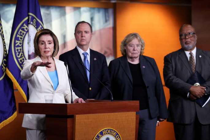 U.S. House Speaker Nancy Pelosi (D-CA) is flanked by Reps.' Adam Schiff (D-CA), Zoe Lofgren (D-CA) and House Homeland Security Committee Chair Benny Thompson (D-MS) 