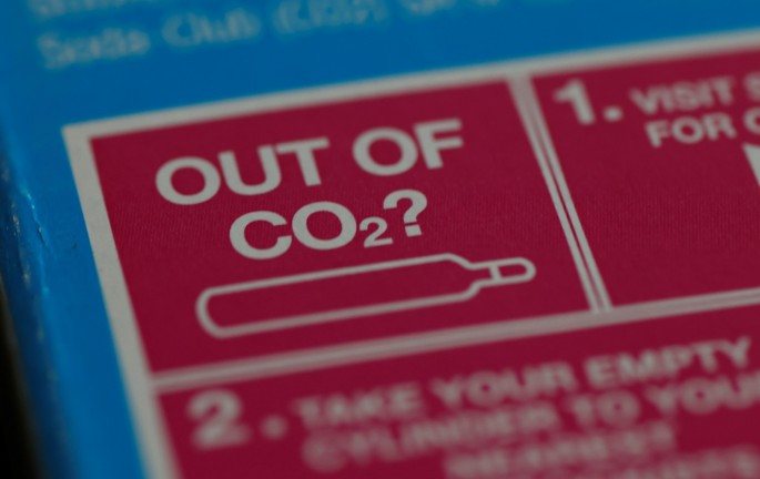 An information label is seen on packaging for a CO2 cylinder for a fizzy drinks machine in Manchester, Britain