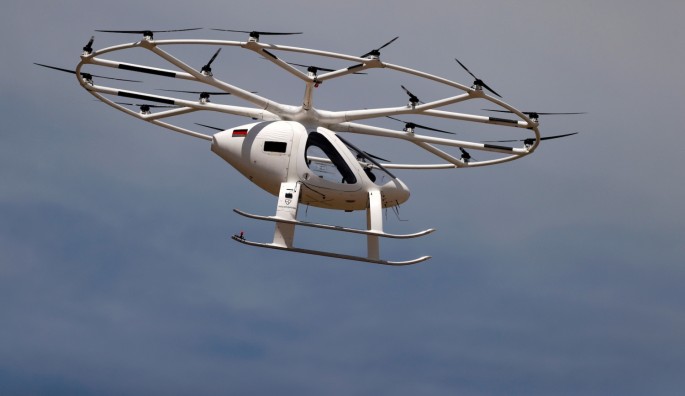 A prototype of an electrical air-taxi drone by German start-up Volocopter that takes off and lands vertically performs a non-passenger flight over Le Bourget airport, near Paris, France
