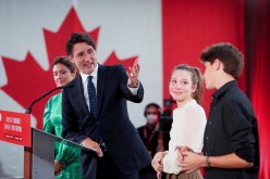 Canada's Liberal Prime Minister Justin Trudeau, accompanied by his wife Sophie Gregoire thanks their children Ella-Grace and Xavier
