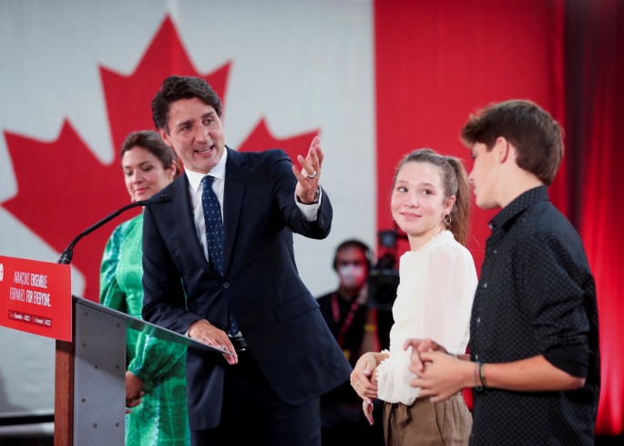 Canada's Liberal Prime Minister Justin Trudeau, accompanied by his wife Sophie Gregoire thanks their children Ella-Grace and Xavier