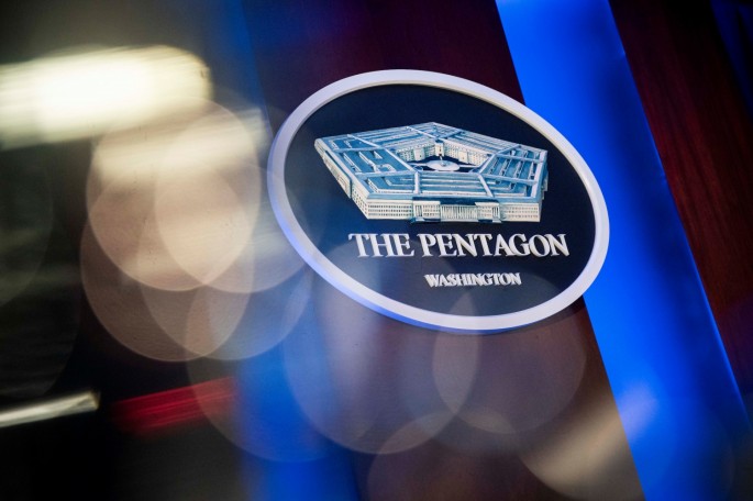The Pentagon logo is seen behind the podium in the briefing room at the Pentagon in Arlington, Virginia, U.S