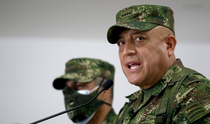 Commander of the Colombian Military Forces, General Luis Fernando Navarro, speaks during a news conference about the participation of several Colombians in the assassination of Haitian President Jovenel Moise, in Bogota