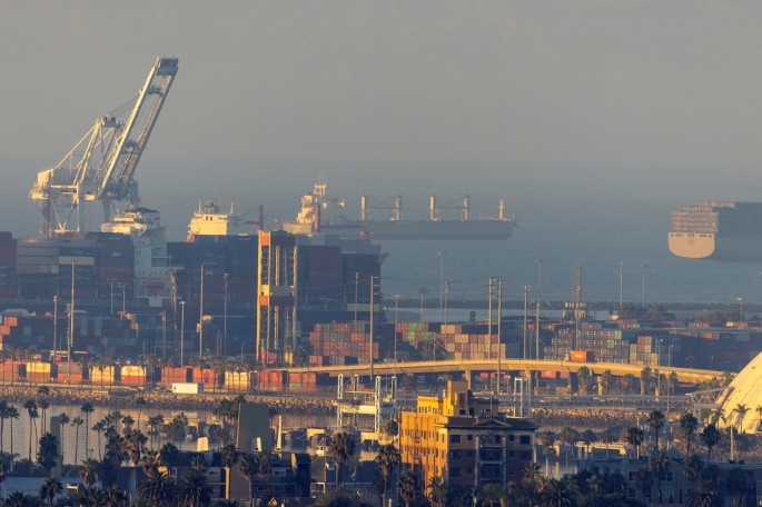  The port of Long Beach is shown as a record number of cargo container ships wait to unload in Long Beach, California, U.S.