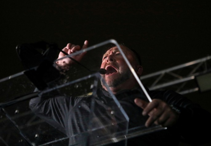 Right-wing radio talk show host Alex Jones speaks during a rally at Freedom Plaza, ahead of the U.S. Congress certification of the November 2020 election results, during protests in Washington, U.S.,