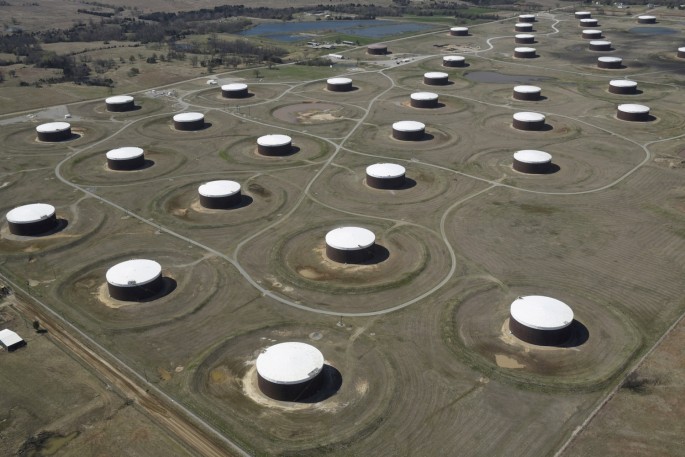 Crude oil storage tanks are seen from above at the Cushing oil hub, in Cushing, Oklahoma,