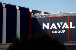 The logo of Naval Group is seen at the French naval base in the shipbuilding town of Cherbourg-en-Contentin, France,