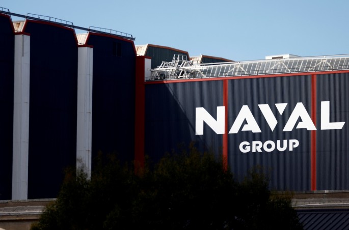 The logo of Naval Group is seen at the French naval base in the shipbuilding town of Cherbourg-en-Contentin, France,