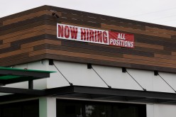 A restaurant advertising jobs looks to attract workers in Oceanside, California, U.S.,