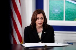 U.S. Vice President Kamala Harris leads a session of the President's online COVID Summit inside the Eisenhower Executive Office Building at the White House in Washington, U.S.
