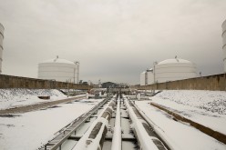 Snow covered transfer lines leading to storage tanks at the Dominion Cove Point Liquefied Natural Gas (LNG) terminal in Lusby, Maryland, 